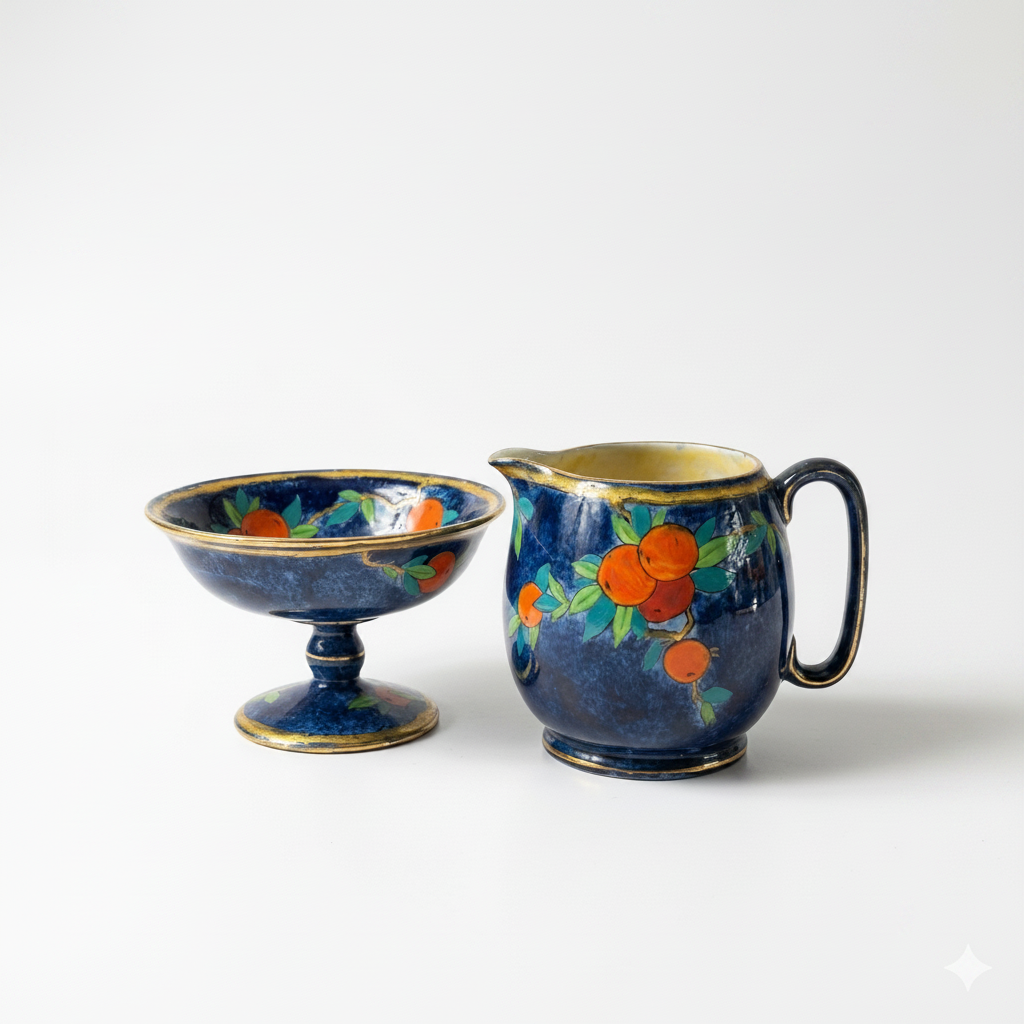 Antique Royal Winton Grimwades Byzanta Ware Blue Lustre Fruit Jug & Pedestal Bowl Set c.1930s