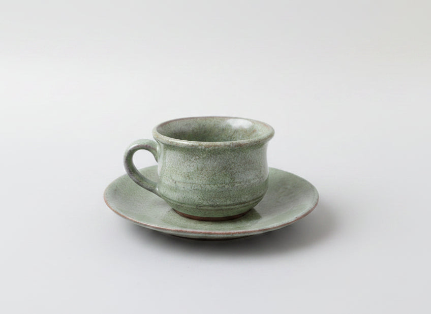 Vintage Unmarked Studio Pottery Green Speckled Cup & Saucer | Rustic Handmade Style