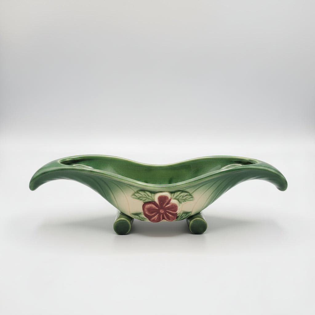 Vintage Mid-Century Japanese Green Glazed Horn Vase with Red Floral Accent