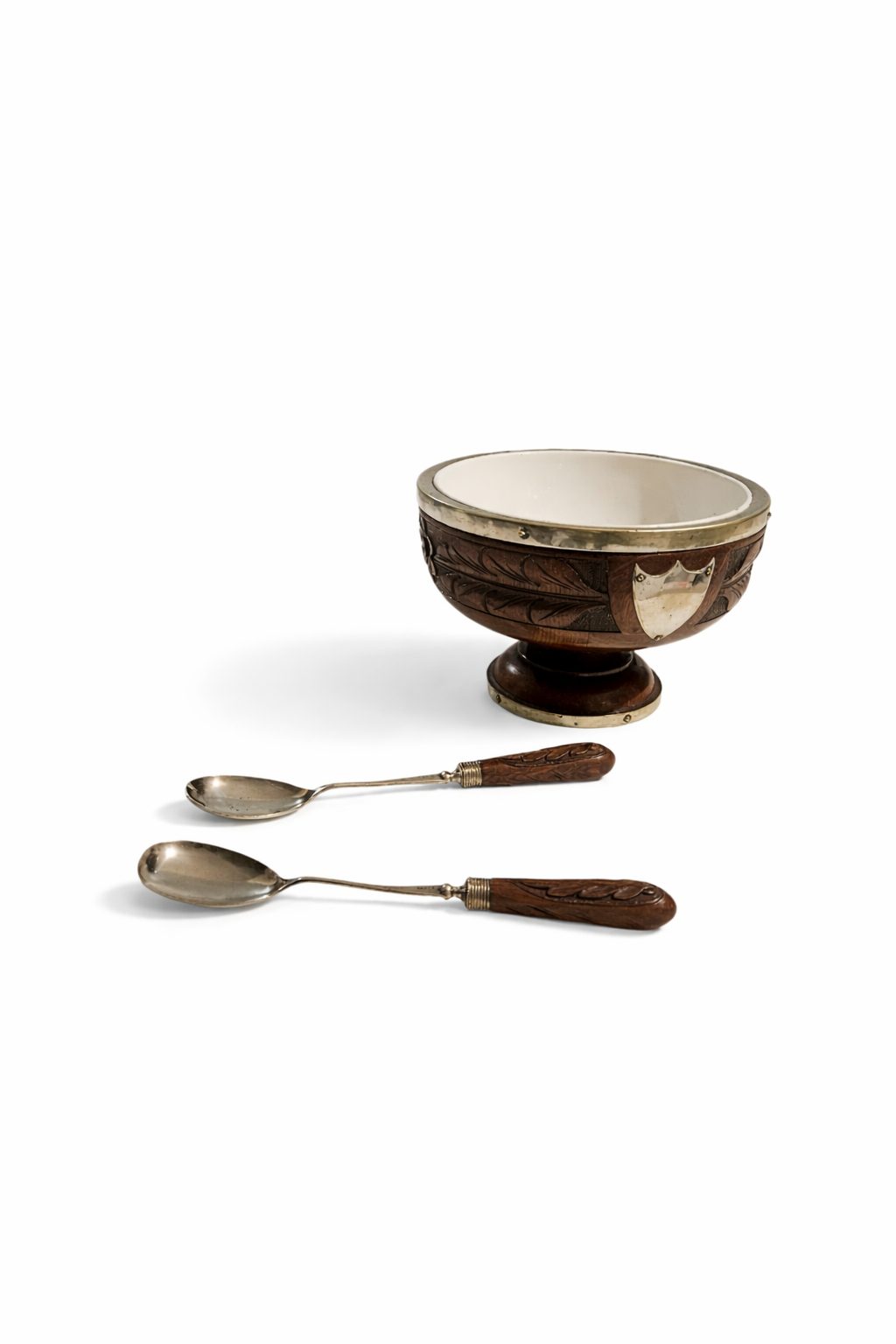 Antique Victorian English Oak Salad Bowl with Ceramic Liner & Matching Servers —
