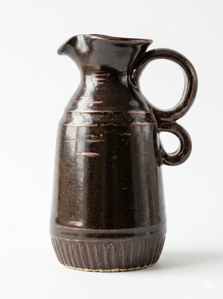 Vintage Handmade Studio Pottery Pitcher - Earthy Dark Brown Glaze Stoneware Jug with Ring Handles