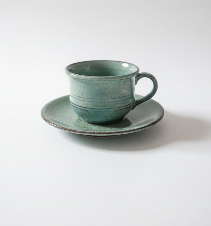Vintage Hand-Thrown Stoneware Cup & Saucer Set in Seafoam Teal