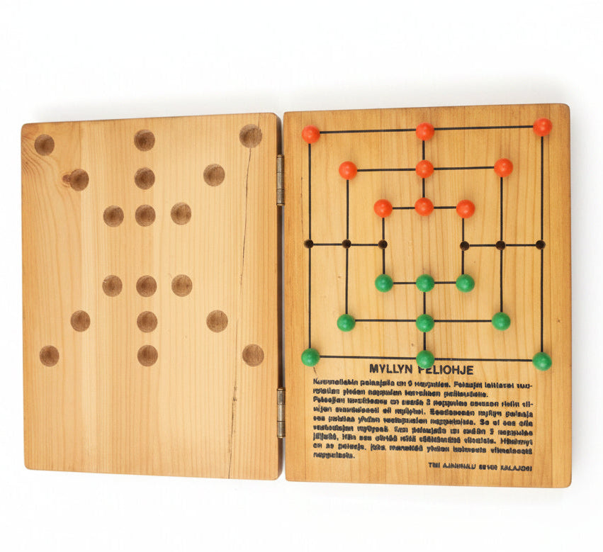 Vintage Finnish 'Mylly' (Nine Men's Morris) & Peg Solitaire 2-in-1 Wooden Game Box