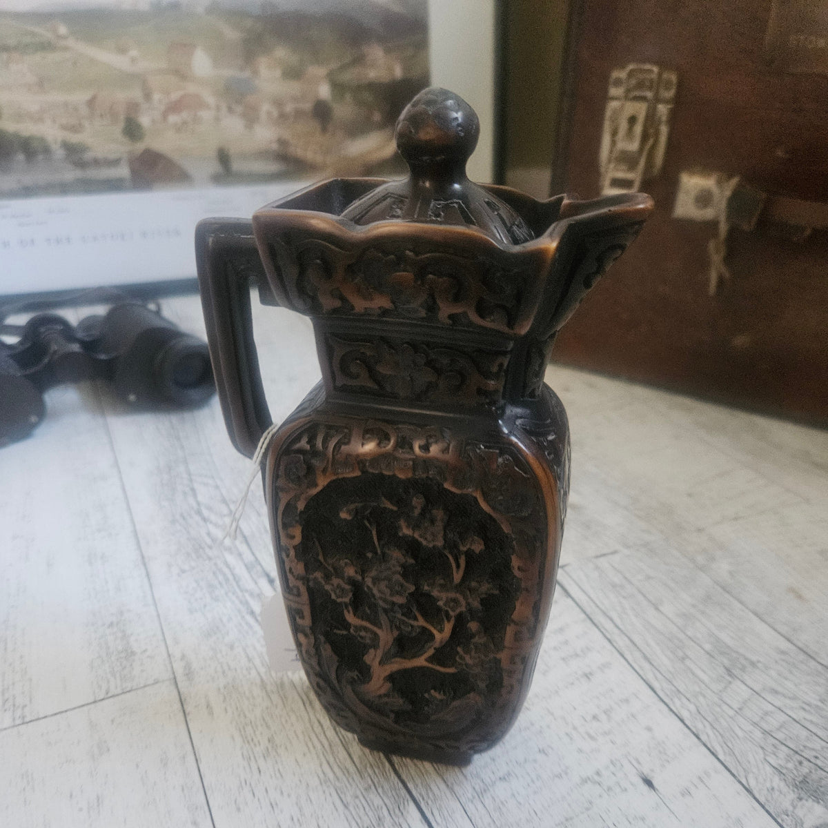 Vintage Chinese Carved Lacquer Style Resin Lidded Ewer | Oriental Pine Tree Pitcher