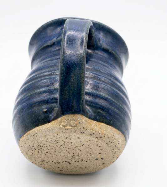 Vintage Studio Art Pottery Mug Deep Cobalt Blue Glaze Ribbed Texture Signed Monogram