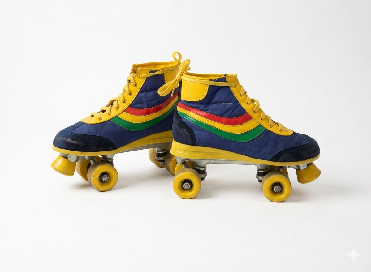 Vintage 1970s / 1980s Retro Quad Roller Skates – Classic Rainbow Striped Disco Boots (Women's Size 7)