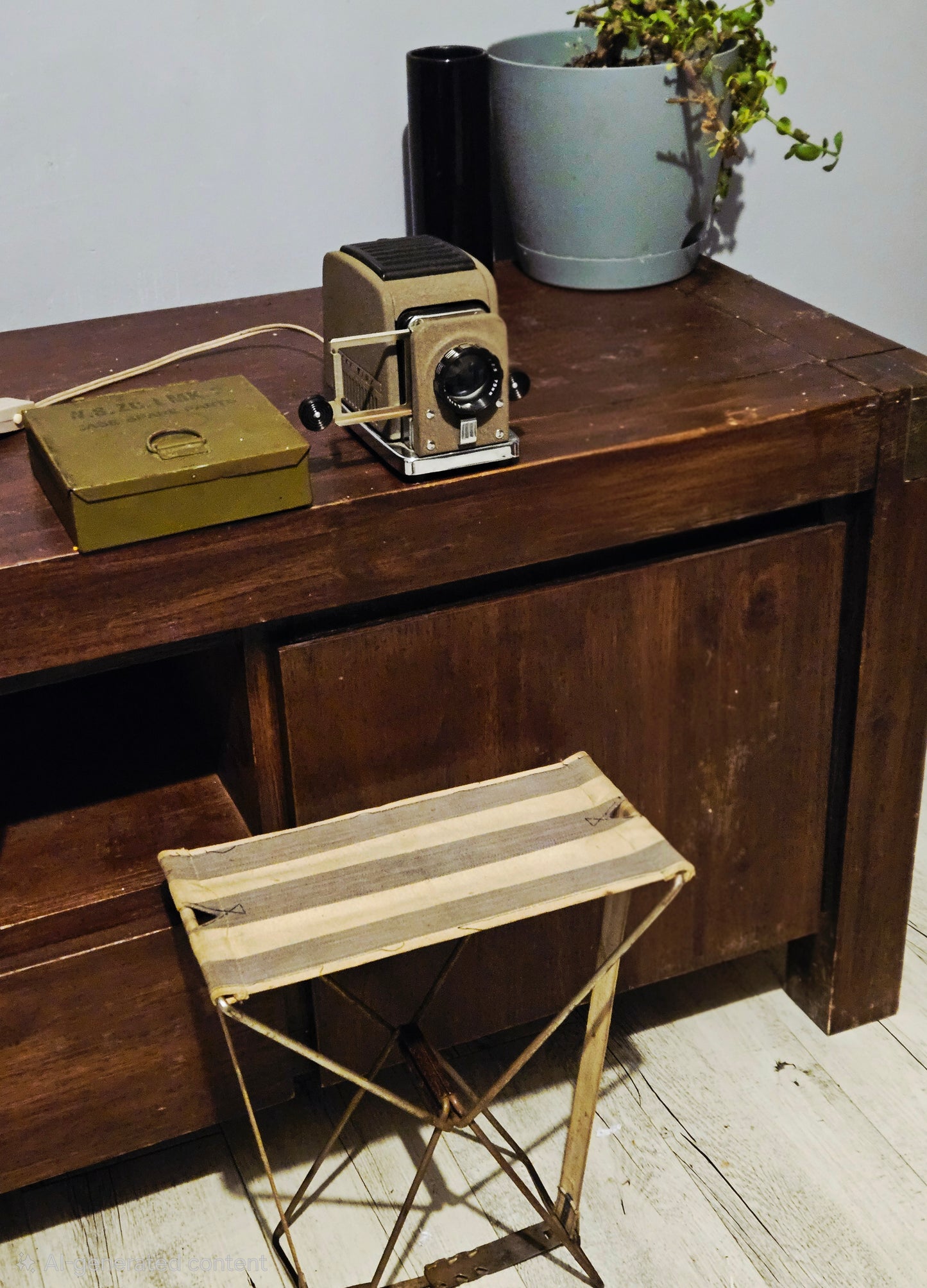 Vintage 1950s Lucky Tiny 35mm Slide Projector, WWII Military Tin, & Folding Stool Set