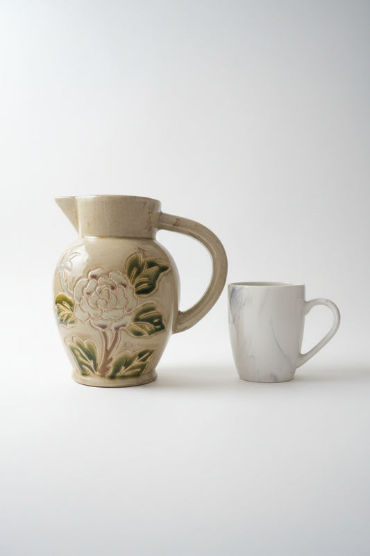 Vintage West German Ceramic Art Pottery Pitcher Jug – Green Floral Relief