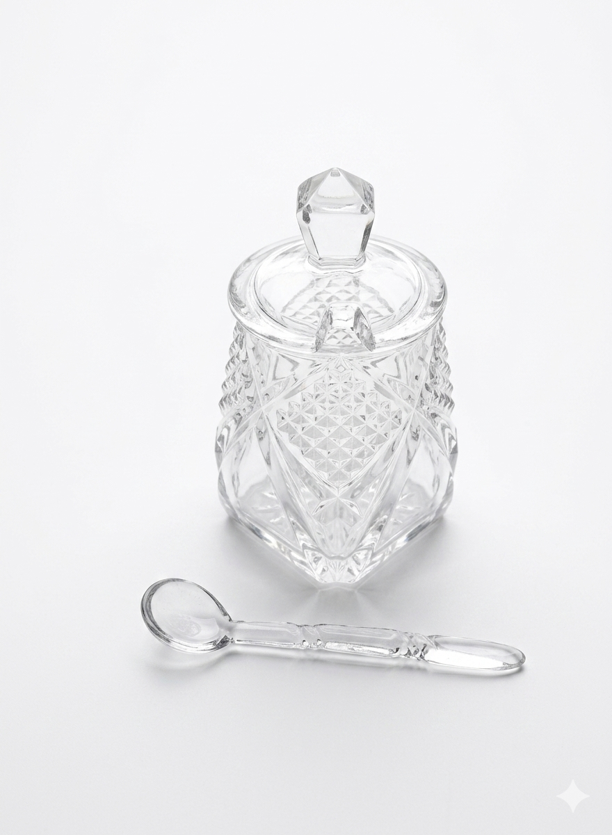Vintage Diamond-Cut Glass Condiment Pot, Jam Jar, or Salt Cellar with Lid and Glass Spoon