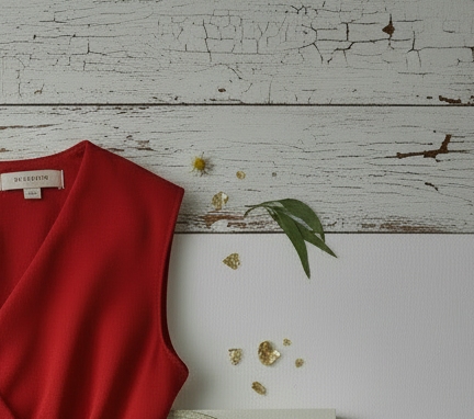 Red sleeveless dress on rustic white wood with gold flakes and green leaf accent