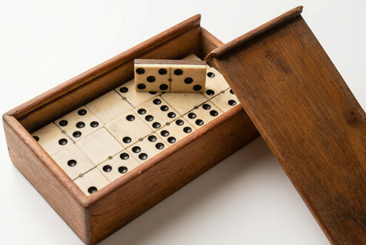 Antique Victorian Bone & Ebony Dominoes Set with Wooden Slide-Lid Box (27 Pieces)