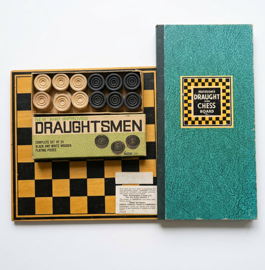 Deluxe Vintage 1960s Holdson Wooden Draughts Set with 2 Game Boards & Box (Made in NZ)