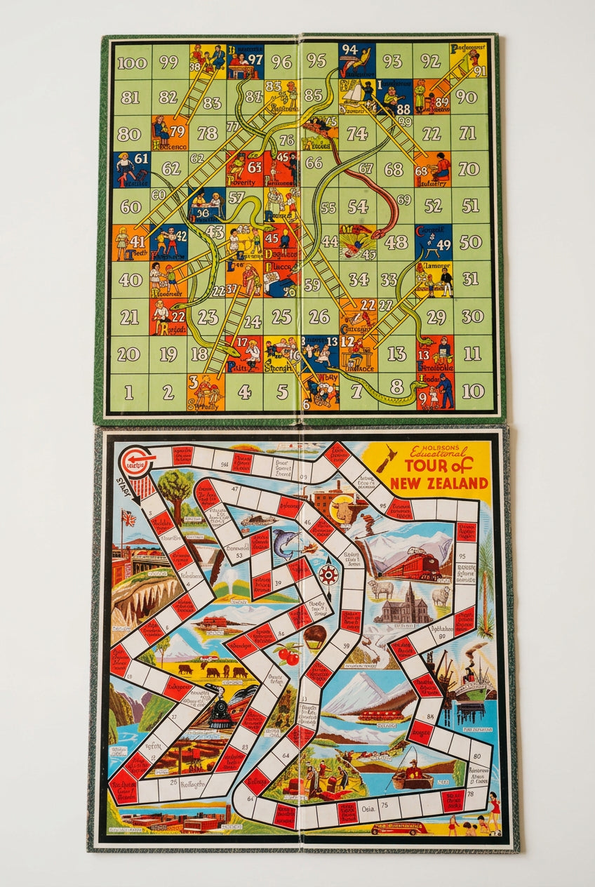 Pair of Vintage 1950s/60s Holdson Board Game Boards – "Tour of New Zealand" & "Snakes and Ladders"(note, this is x2 boards only)