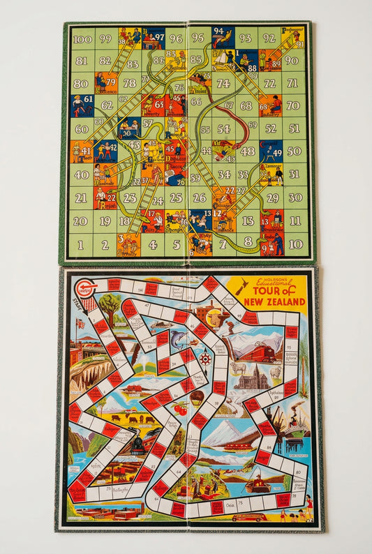 Pair of Vintage 1950s/60s Holdson Board Game Boards – "Tour of New Zealand" & "Snakes and Ladders"(note, this is x2 boards only)