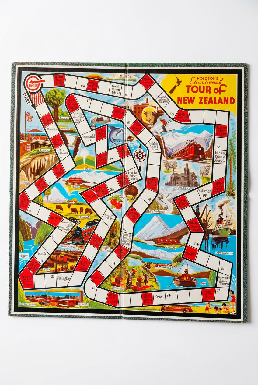 Pair of Vintage 1950s/60s Holdson Board Game Boards – "Tour of New Zealand" & "Snakes and Ladders"(note, this is x2 boards only)