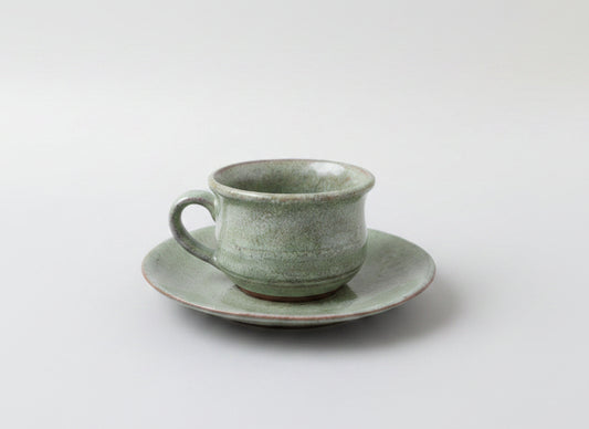 Vintage Unmarked Studio Pottery Green Speckled Cup & Saucer | Rustic Handmade Style