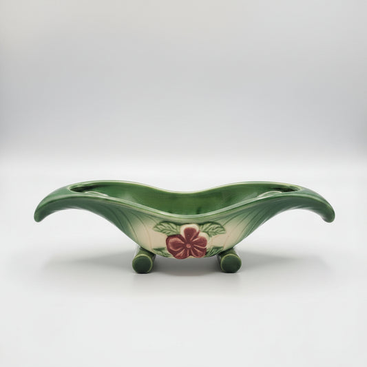 Vintage Mid-Century Japanese Green Glazed Horn Vase with Red Floral Accent