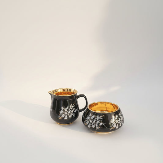 Vintage Prinknash Pottery Black & 24ct Gold Lustre Creamer & Sugar Set
