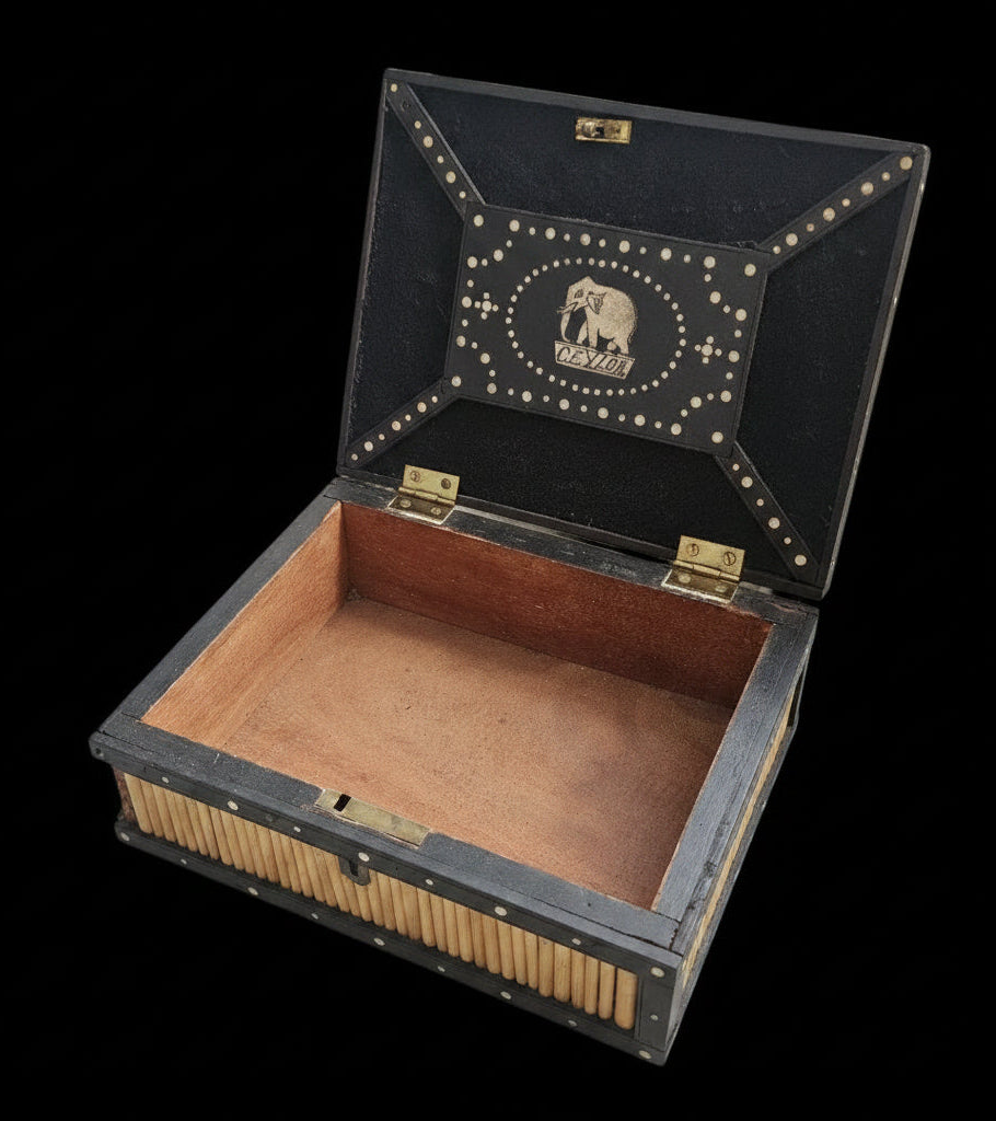 Antique 19thC Ceylonese Porcupine Quill & Ebony Box - Bone Inlay