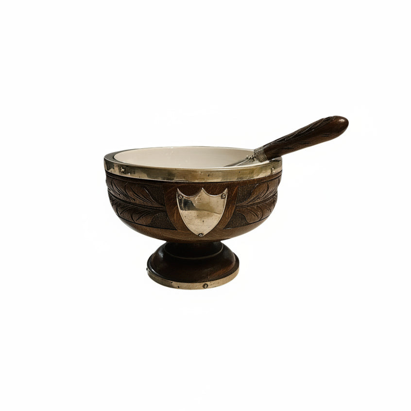 Antique Victorian English Oak Salad Bowl with Ceramic Liner & Matching Servers —