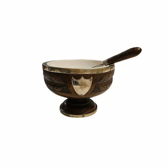 Antique Victorian English Oak Salad Bowl with Ceramic Liner & Matching Servers —