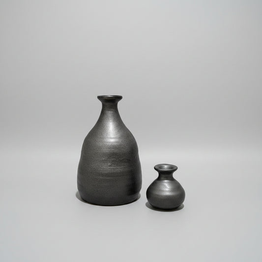Vintage Metallic Gunmetal Ceramic Vase & Bud Vase Set – Unsigned Studio Pottery