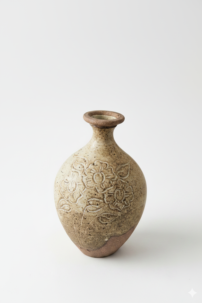 Vintage Bill Roberts NZ Studio Pottery Incised Floral Stoneware Vase