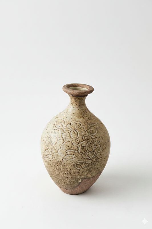 Vintage Bill Roberts NZ Studio Pottery Incised Floral Stoneware Vase