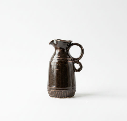 Vintage Handmade Studio Pottery Pitcher - Earthy Dark Brown Glaze Stoneware Jug with Ring Handles