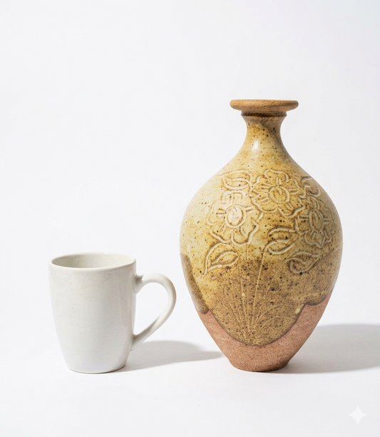 Vintage Bill Roberts NZ Studio Pottery Incised Floral Stoneware Vase