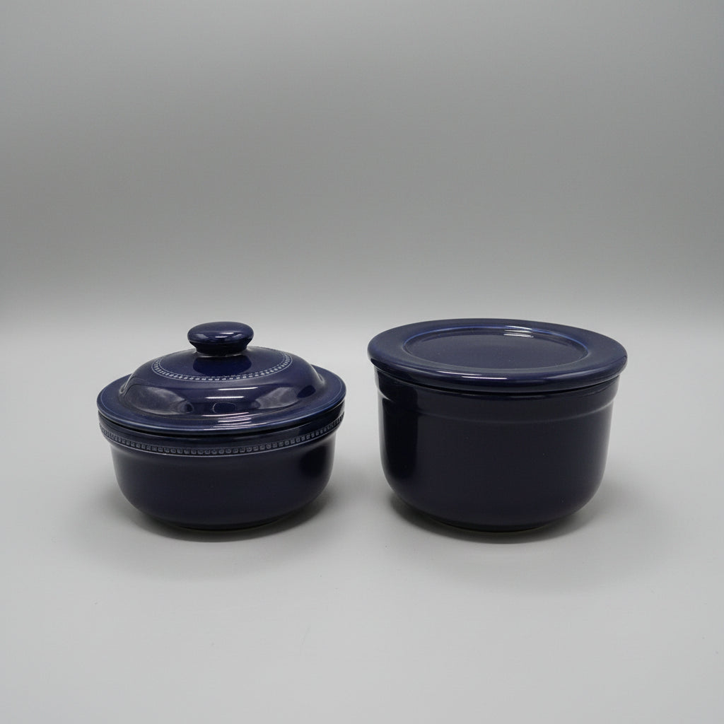Pair of Vintage Cobalt Blue Ceramic Lidded Ramekins / Mini Casserole Dishes