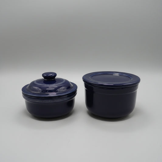 Pair of Vintage Cobalt Blue Ceramic Lidded Ramekins / Mini Casserole Dishes