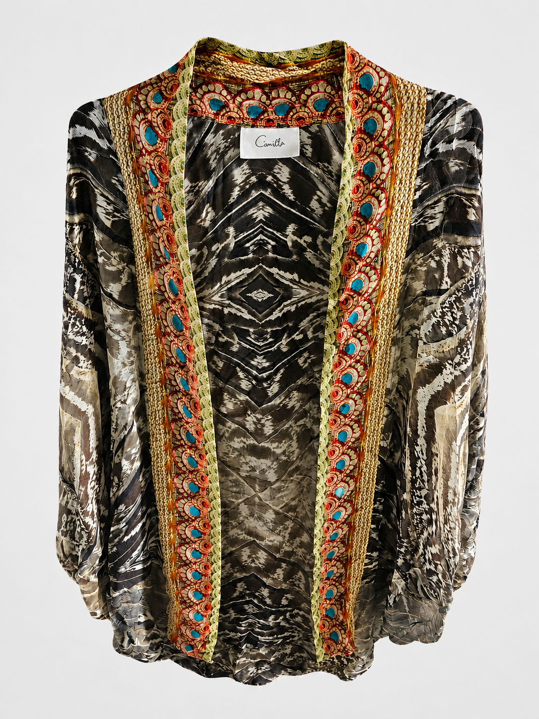 CAMILLA Luxury Silk Kimono Layer With Collar - 'Night Owl' Print (NWOT)