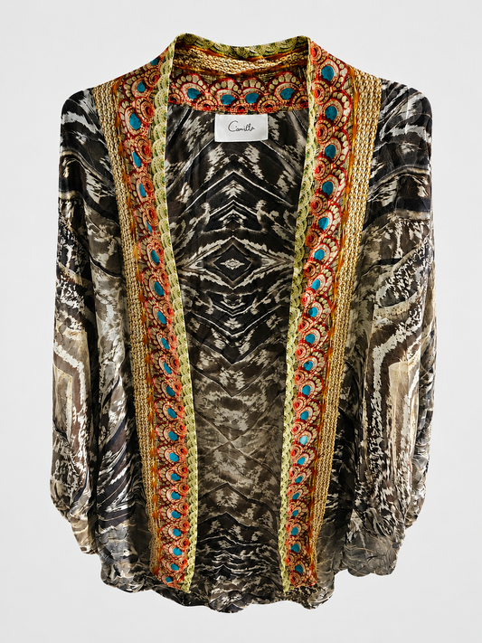 CAMILLA Luxury Silk Kimono Layer With Collar - 'Night Owl' Print (NWOT)