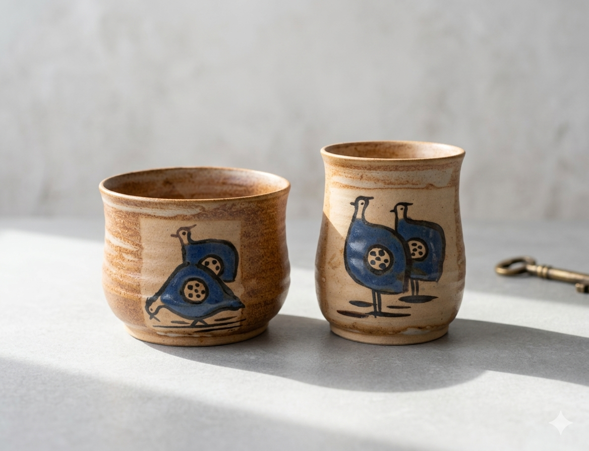 Vintage Handmade Studio Pottery Bird Design Tumbler Cups – Pair