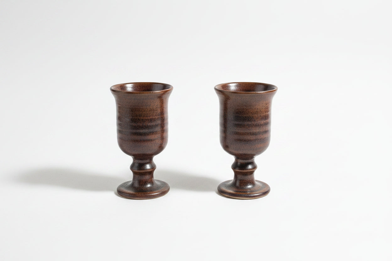 Vintage Studio Pottery Brown Stoneware Goblets with Melted Glass Geode Bases - Pair
