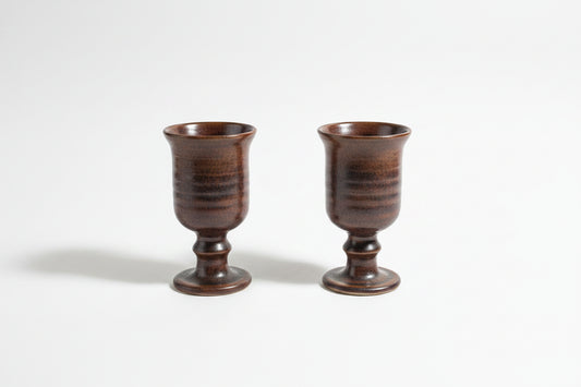 Vintage Studio Pottery Brown Stoneware Goblets with Melted Glass Geode Bases - Pair