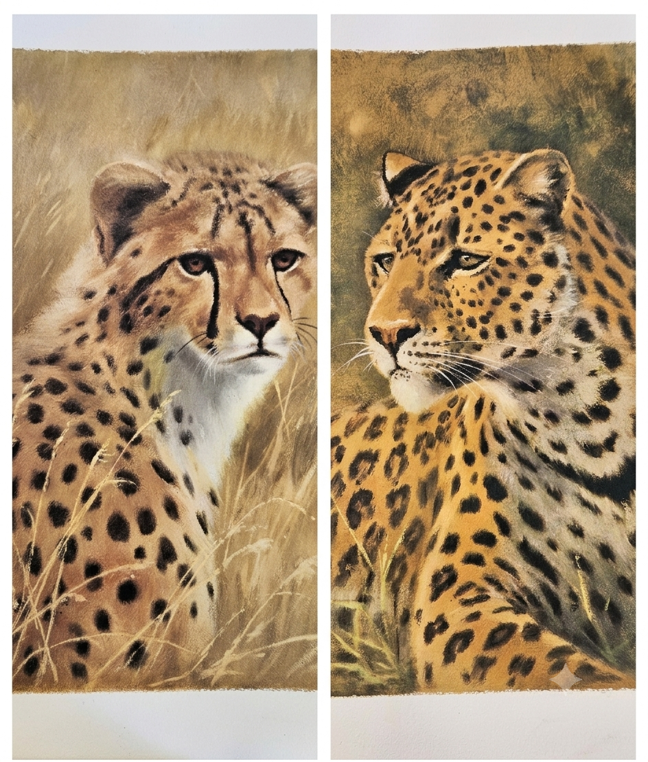 Vintage Mid-Century Big Cat Lithograph Prints by Rena – Matching Leopard & Cheetah Set (Pair)
