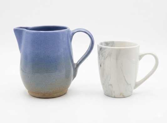 Vintage 1995 Japanese Studio Pottery Pitcher - Nishi-Gojō Kama Kiln, Handcrafted Blue Ombre Stoneware Jug