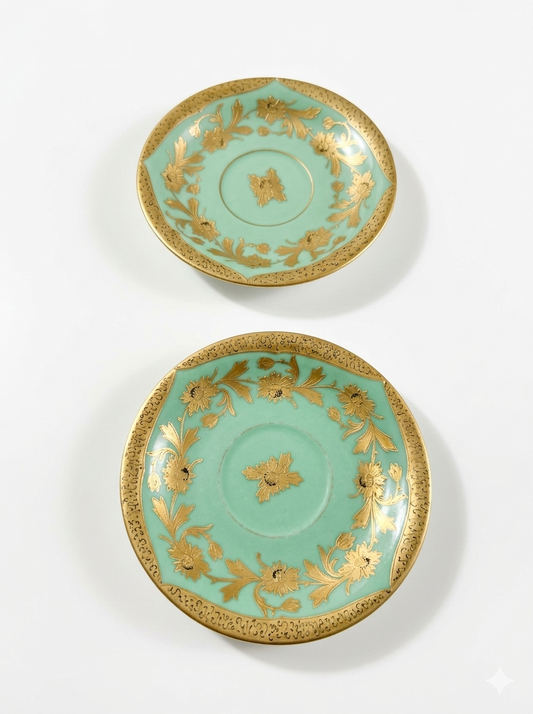 Antique Mint Green and Heavy Gold Gilt Fine Porcelain Saucers – Set of 2