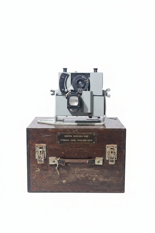 Automatic dial recording camera, crafted by D. Shackman & Sons mahogany case.