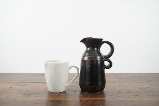 Vintage Handmade Studio Pottery Pitcher - Earthy Dark Brown Glaze Stoneware Jug with Ring Handles