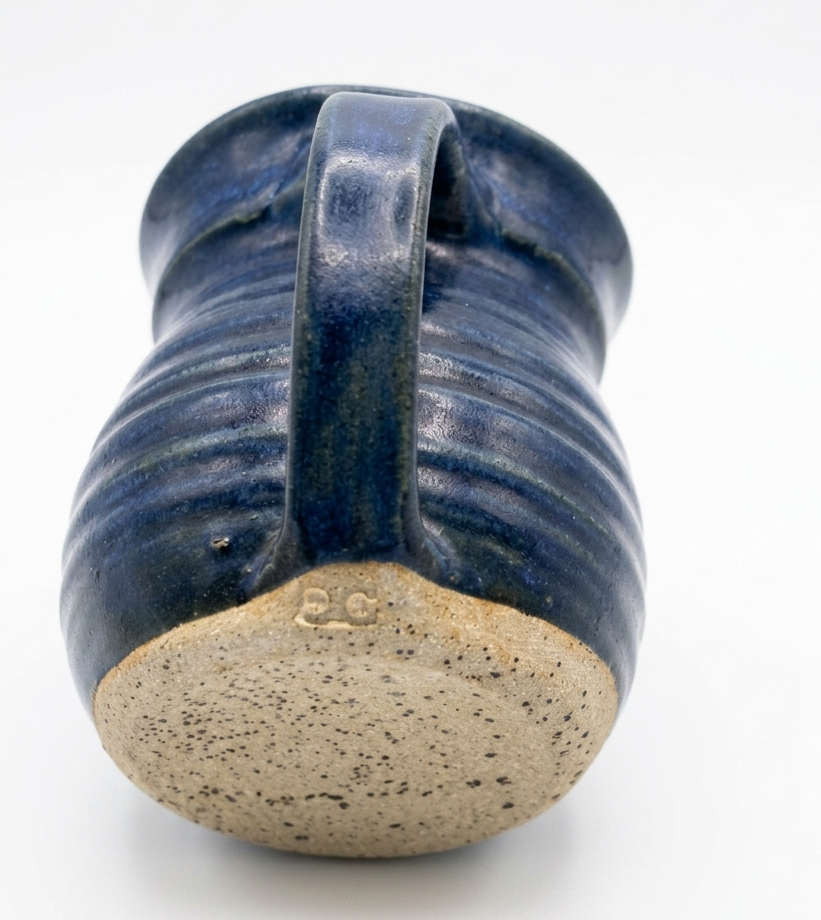 Vintage Studio Art Pottery Mug Deep Cobalt Blue Glaze Ribbed Texture Signed Monogram