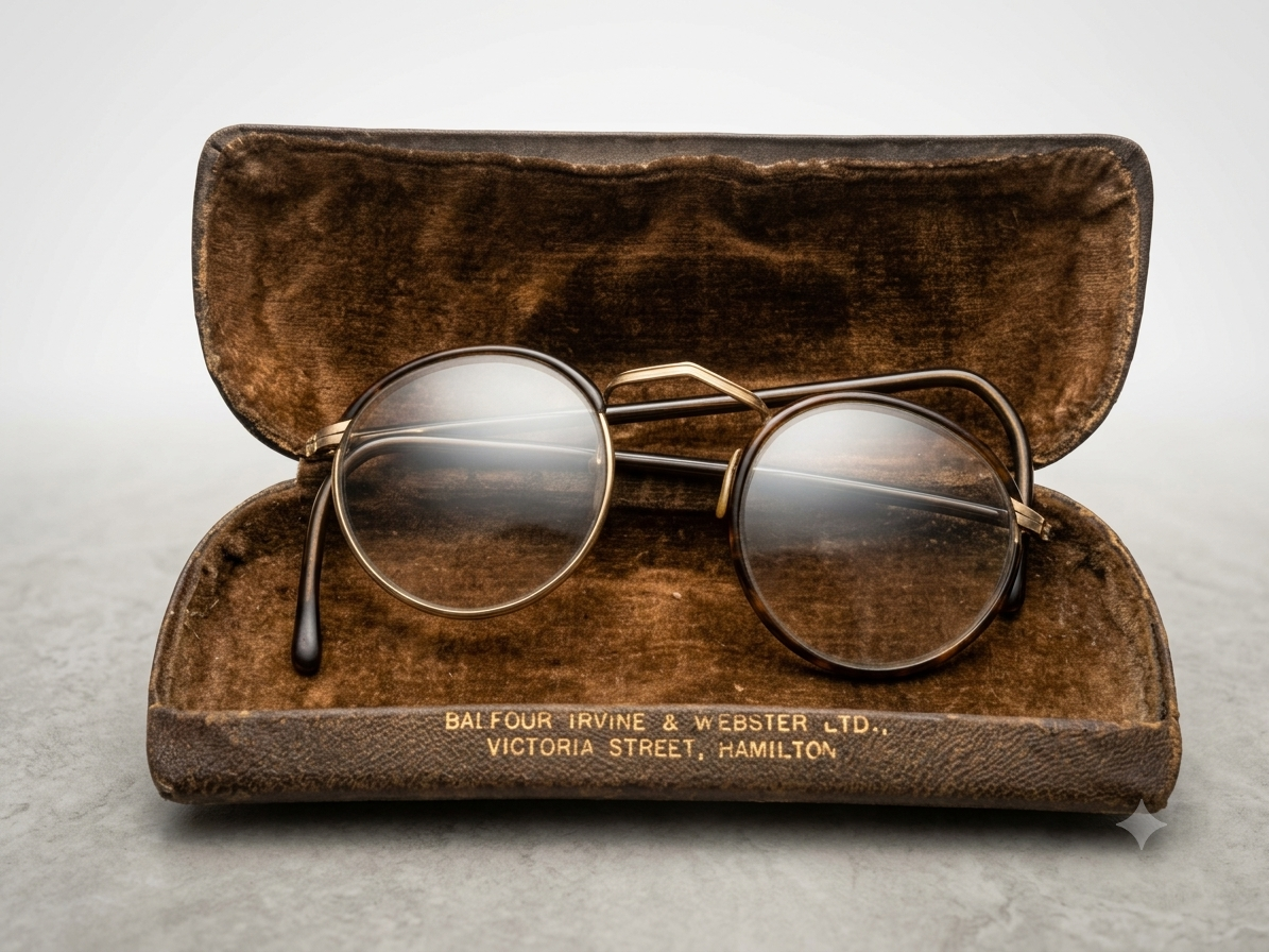 Antique 1930s Gold-Rimmed Cable Glasses in Original Balfour Irvine & Webster Hamilton Leather Case