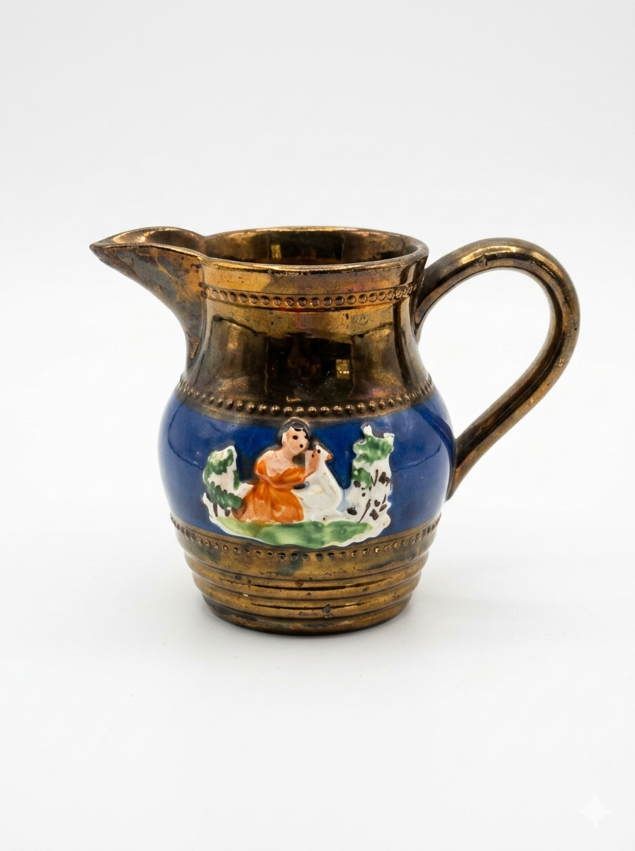 Antique Allertons Longton Pottery Copper Lustre Creamer Pitcher – Cobalt Blue Band with Raised Pastoral Relief Scene, Made in England