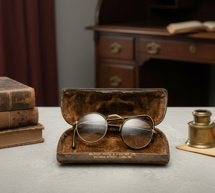 Antique 1930s Gold-Rimmed Cable Glasses in Original Balfour Irvine & Webster Hamilton Leather Case