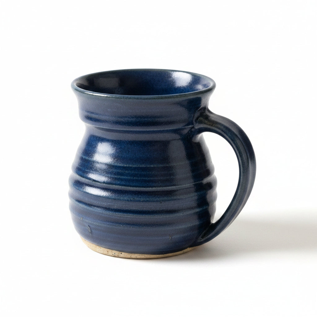 Vintage Studio Art Pottery Mug Deep Cobalt Blue Glaze Ribbed Texture Signed Monogram