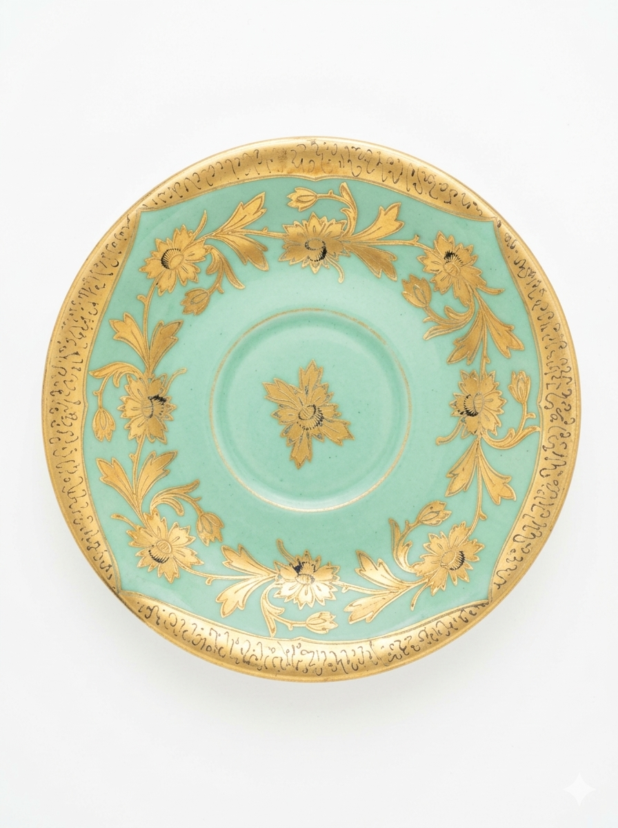Antique Mint Green and Heavy Gold Gilt Fine Porcelain Saucers – Set of 2