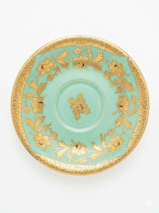 Antique Mint Green and Heavy Gold Gilt Fine Porcelain Saucers – Set of 2