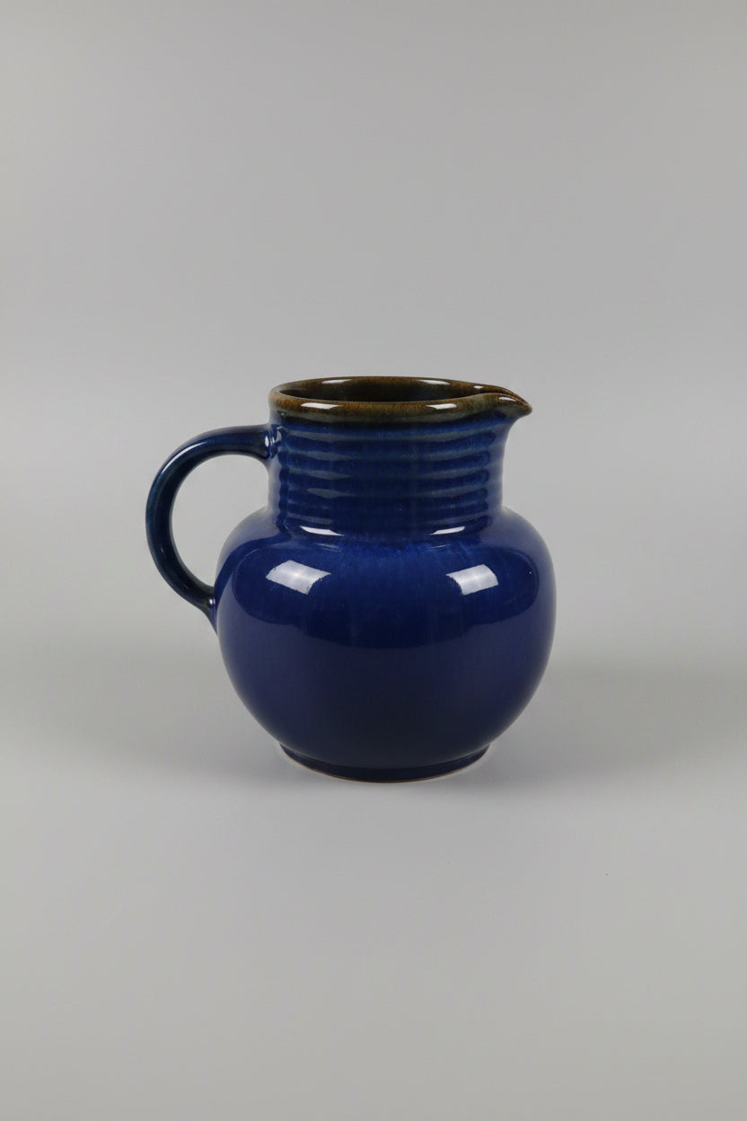 Vintage Mid-Century Cobalt Blue Ribbed Ceramic Pitcher Jug